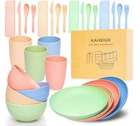 KAHEIGN 28Pcs Plastic Dinnerware Sets, 4 Sets Unbreakable Lightweight Plates, Cups, Bowls and Cutlery, Eco Friendly & Reusable Microwave & Dishwasher Safe Dish Bowl for Kids or Picnics