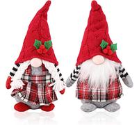 KAHEIGN 2Pcs Christmas Gnome Plush Doll, Red Plaid Handmade Knitted Plush Gnomes Sitting Gonk Dwarf Elf Doll for Xmas Fireplaces Office Christmas Party Decor (27cm x 14cm)
