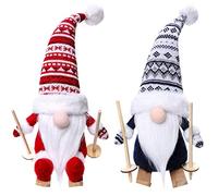 KAHEIGN 2Pcs Christmas Skiing Gnomes, Handmade Knitted Gonk Plush Doll Swedish Gnomes Tomte Dwarf Elf with Wood Skis and Ski Poles for Xmas Fireplaces Office Christmas Party Decor (35CM x 15CM)