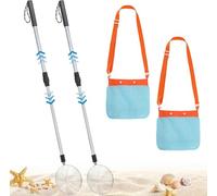 KAHEIGN 2Pcs Sand Sifters with Seashell Bags, 55CM - 84CM Adjustable Shark Tooth Sifter Mesh Shovel Scooper with Retractable Handle for Picking Up Shells Beachcombing & Rock Hunting