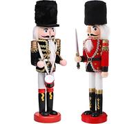KAHEIGN 2Pcs Wooden Nutcracker Soldiers, 2 Style 30CM Christmas Traditional Nutcracker Figures Premium Pine Wood Painted Soldier for Home Fireplace Christmas Tree Party Decoration (Drum & Sword)