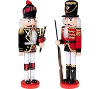 KAHEIGN 2Pcs Wooden Nutcracker Soldiers, 2 Style 30CM Christmas Traditional Nutcracker Figures Premium Pine Wood Painted Soldier for Home Fireplace Christmas Tree Party Decoration (Bagpipes & Gun)