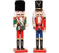 KAHEIGN 2Pcs Wooden Nutcracker Soldiers, 2 Style 30CM Christmas Traditional Nutcracker Figures Premium Pine Wood Painted Soldier for Home Fireplace Christmas Tree Party Decoration (Drum & Sword)