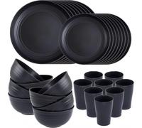 KAHEIGN 32Pcs Unbreakable Black Plastic Dinnerware Set, 8 Sets of 25cm Dinner Plates, 20cm Salad Plates, 720ml Bowls, 360ml Cups - Microwave &