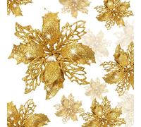 KAHEIGN 36Pcs Christmas Poinsettia Flowers, Gold Glitter Artificial Poinsettia Flowers Christmas Tree Ornaments for Wedding Christmas Wreath Home Party Decor (3 Size)