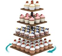 KAHEIGN 4 Tier Wooden Cupcake Stand, 30CM Square Cupcake Tower 360 Rotating Tiered Display Stand Reusable Cake Dessert Holder for Wedding Birthday Baby Shower Halloween Party