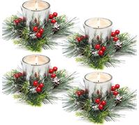 KAHEIGN 4Pcs Christmas Candle Rings, 20CM Artificial Red Berries Wreath Snowy Pine Needles Candle Holder for Pillars Rustic Wedding Centerpiece Front Door Christmas Table Party Decoration