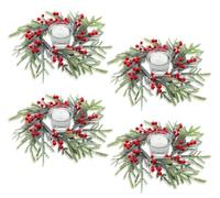 KAHEIGN 4Pcs Christmas Candle Rings, 21CM Artificial Red Berries Wreath Snowy Norfolk Pine Needles Candle Holder for Pillars Rustic Wedding Centerpiece Front Door Christmas Table Party Decoration