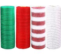 KAHEIGN 4Pcs Christmas Deco Mesh Rolls, 26cm x 9.14m Metallic Foil Poly Mesh Poly Mesh Ribbon Roll Deco Mesh for DIY Bows, Fall Decor, Swag, Garland, Wreath (Red/White/Green/White Stripes)
