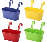 KAHEIGN 4Pcs Metal Hanging Flower Pots, 27.5cm Large Plant Pots Hanging Flower Bucket with Detachable Hook for Balcony Fence Garden Home Decor (4 Colors)