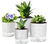 KAHEIGN 4Pcs Self Watering Plant Pots, 11CM + 14CM Marble Plastic Flower Pot Garden Bonsai Pot with Drainage Hole and Large Capacity Reservoir - Pots for Aloe Herb Orchid Succulent Plants