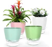 KAHEIGN 4Pcs Self Watering Plant Pots, 15CM Plastic Flower Pot Garden Bonsai Pot with Drainage Hole and Large Capacity Reservoir - Pots for Aloe Herb Orchid Succulent Plants (4 Colors)