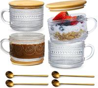 KAHEIGN 4Pcs Vintage Coffee Mugs with Bamboo Lids and Spoons, 420ml Clear Embossed Glass Cups for Yogurt Overnight Oats Latte Cappuccino - Women Gifts for Mother's Day, Valentine's Day, Christmas