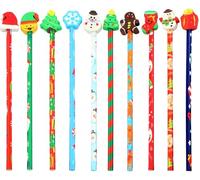 KAHEIGN 50Pcs Christmas Pencils with Erasers, 10 Styles Cartoon Erasers on The Pencil End, Snowman Stocking Gingerbread Man Hat Christmas Tree Pencils for Kids Xmas Stocking Box Fillers Party Favours