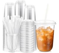 KAHEIGN 50Pcs Clear Plastic Cups with Lids and Paper Straws, 480ml Plastic Coffee Tumbler Reusable Drink Cup Elegant Party Beverage Glasses for Iced Coffee Smoothie Milkshake Cold Drink Party Catering