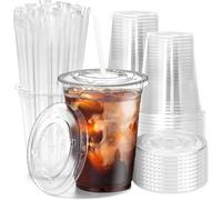 KAHEIGN 50Pcs Clear Plastic Cups with Lids and Paper Straws, 480ml Plastic Coffee Tumbler Reusable Drink Cup Elegant Party Beverage Glasses for Iced Coffee Smoothie Milkshake Cold Drink Party Catering