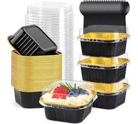 KAHEIGN 50Pcs Mini Cake Baking Cups with Lids and Spoons, 150ml Square Aluminum Foil Baking Pans Small Loaf Boxes Tart Pie Cake Containers for Bread Dessert Wedding Birthday Picnic Party (Black Gold)