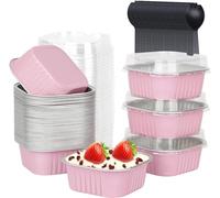 KAHEIGN 50Pcs Mini Cake Baking Cups with Lids and Spoons, 150ml Square Aluminum Foil Baking Pans Small Loaf Boxes Tart Pie Cake Containers for Bread Dessert Wedding Birthday Picnic Party (Pink Silver)