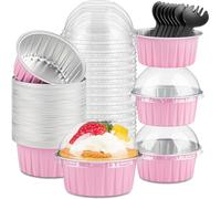 KAHEIGN 50Pcs Mini Cake Tins with Lids and Spoons, 150ml Round Aluminum Foil Baking Pans Small Loaf Cups Tart Pie Cupcake Containers for Bread Dessert Wedding Birthday Picnic Party (Pink Silver)