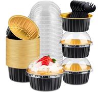 KAHEIGN 50Pcs Mini Cake Tins with Lids and Spoons, 150ml Round Aluminum Foil Baking Pans Small Loaf Cups Tart Pie Cupcake Containers for Bread Dessert Wedding Birthday Picnic Party (Black Gold)