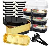 KAHEIGN 50Pcs Mini Loaf Pans with Lids and Spoons, 200ml Rectangular Aluminum Foil Baking Pans Mini Cake Tins Containers with Sealing Sticker for Bread Cake Wedding Birthday Picnic Party (Black Gold)