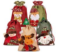 KAHEIGN 5Pcs Christmas Drawstring Bags, Large 3D Fabric Santa Claus Snowman Reindeer Burlap Bags Xmas Gift Bag Christmas Wrapping Bag Treat Bages Goody Bages for Christma Party Favor