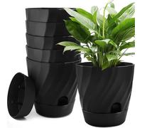 KAHEIGN 6Pcs Self Watering Plant Pots, 12CM Round Plastic Flower Pot Thicken Garden Plant Container for Succulent Herb Orchid Mint House Bonsai Plants - with Watering Hole, Drainage and Saucer (Black)