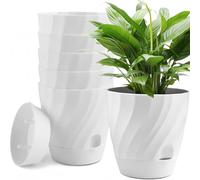 KAHEIGN 6Pcs Self Watering Plant Pots, 12CM Round Plastic Flower Pot Thicken Garden Plant Container for Succulent Herb Orchid Mint House Bonsai Plants - with Watering Hole, Drainage and Saucer (White)