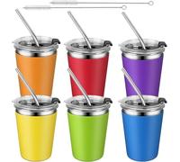 KAHEIGN 6Pcs Stainless Steel Cups with Lids & Straws, 360ml Unbreakable Kids Tumbler Reusable Drinking Cup Travel Mug Iced Coffee Cup with Removable Silicone Sleeves for Adults Kids Cold Hot Drinks