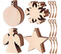 KAHEIGN 80Pcs Wooden Christmas Ornaments, Lantern Snowflake Angel Star Shape Wood Slice Ornaments for New Year Christmas Tree DIY Pendant Decoration - with 80Pcs Hanging Cords