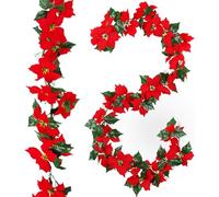 KAHEIGN Artificial Poinsettia Garland - 200CM Flexible Greenery with Red Flowers and Holly Leaves for Winter Christmas Holiday New Year Party Decoration