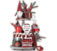 KAHEIGN Buffalo Plaid Christmas Tiered Tray Decorations Set, 25CM Gnomes Plush with 2 Wooden Signs, 2 Mini Trees, 6 Stocking, Mug and 57CM Bead Garland - for Christmas Home Table Fireplace Decoration
