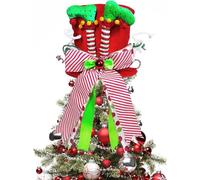 KAHEIGN Christmas Tree Topper, 25CM Large Red Xmas Tree Top Hat with Elf Legs and Striped Bow Ribbon for Home Christmas Holiday Winter Party Decor Desktop Ornaments