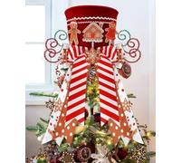 KAHEIGN Christmas Tree Topper, 25CM Large Red Xmas Tree Top Hat with Gingerbread and Striped Bow Ribbon for Home Christmas Holiday Winter Party Decor Desktop Ornaments