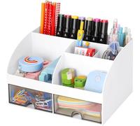 KAHEIGN Desk Organiser with 2 Drawers, 19CM x 14CM Multi-Functional Desk Tidy Organiser Large Capacity Pen Holder Makeup Organizer for Kids Teacher Gift Office School Home Table Decor (White)