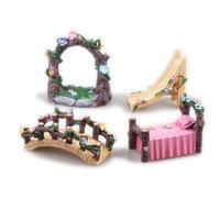 Kai Dream Miniature Fairy Garden Accessories Set, 4 Piece Resin Decorative Landscape Kit with Arch, Bridge, Bed and Slide, Floral Garden Ornaments
