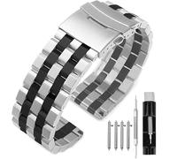 Kai Tian 22mm Metal Watch Strap with Deployment Clasp, Stainless Steel Silver Black Watch Band 5 Rows Watch Band for Men Black Metal Watch Straps for Men Women