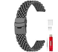 Kai Tian Heavy Duty Stainless Steel Watch Strap 20mm Polished Quick Release 7 Beads Watch Straps Bracelet with Deplyment Clap for Men Women Black
