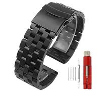 Kai Tian Premium 26mm Black Matte 5 Rows Stainless Steel Watch Band Strap, Replacement Metal Watch Band for Men Women Deployment Clasp Double Safety Buckle