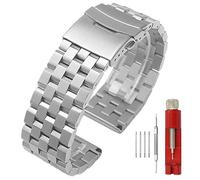 Kai Tian Premium 26mm Brushed Silver 5 Rows Double Locks Stainless Steel Watch Strap, Replacement Metal Watch Band Bracelet for Men Women
