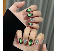 Kaichen Glitter Press On Nails, Green/Silvery Cat Eye Press On Nails Short, Includes 24 Nails, 24 Adhesive Tabs, 1 Manicure Stick, 1 Mini File