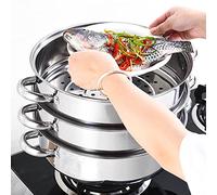 Kaichenyt Stainless Steamer, 3 Layer Multifunctional Steam Pot Set with Glass Lid Induction Pot Calibre 28 cm Steamer Cookware Pot for Electric and Gas Hobs