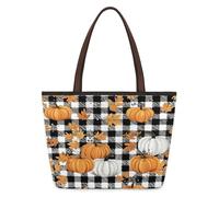 Kaifanee Women Canvas Tote Bag Large Capacity Foldable Handbag | Autumn Pumpkin Fallen Leaves Buffalo Grid Pattern Reusable Shoulder Bag for Casual Daily Work Message Bag Tote