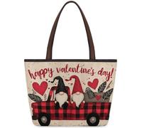 Kaifanee Women Canvas Tote Bag Large Capacity Foldable Handbag | Lovely Gnome Couple Buffalo Plaid Truck Happy Valentines Day Reusable Shoulder Bag for Casual Daily Work Message Bag Tote