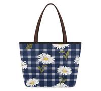 Kaifanee Women Canvas Tote Bag Large Capacity Foldable Handbag | Navy Blue Buffalo Plaid Check Daisy Flower Reusable Shoulder Bag for Casual Daily Work Message Bag Tote