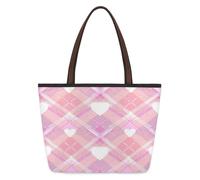 Kaifanee Women Canvas Tote Bag Large Capacity Foldable Handbag | Pink Beige Buffalo Plaid Love Heart Print Reusable Shoulder Bag for Casual Daily Work Message Bag Tote