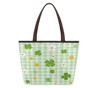 Kaifanee Women Canvas Tote Bag Large Capacity Foldable Handbag | St. Patrick Day Shamrock And Flowers Buffalo Check Plaid Reusable Shoulder Bag for Casual Daily Work Message Bag Tote