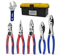 KAIHAOWIN 6-Piece Tool Set with Case, 8.8” Long Nose, 8.8” Linesman, 8” Diagonal, 6“ Adjustable Wrench, 5” Needle Nose, 5" Flush Cutter for Repairing & Home Use