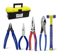 KAIHAOWIN 6-Piece Tool Set with Case, 8.8” Long Nose, 8.8” Linesman, 8” Diagonal, 6“ Adjustable Wrench, 5” Needle Nose, 5" Flush Cutter for Repairing & Home Use