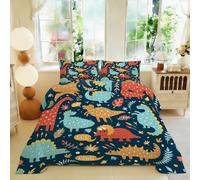 KaiHeBeding Coverless Cartoon Dinosaur Superking Duvets 7.5 Tog All Season,Leaf and T-Rex Bedding Quilt, Warm Washable Comforter, Cute Illustration Room Decor, Super King Duvet with 2 Pillow Cases